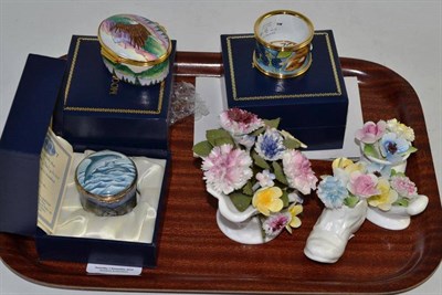 Lot 236 - Two Moorcroft enamel boxes and a napkin ring, all in original boxes and four Doulton posy...