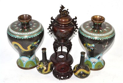 Lot 240 - Two pairs of cloisonne vases and a late 19th century Japanese bronze censer vase