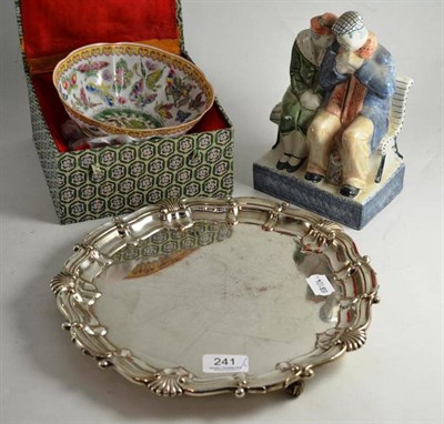 Lot 241 - A 19th century Chinese polychrome decorated bowl with case, silver plated salver and a Rye...