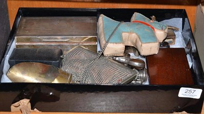 Lot 257 - Box of collectables including opera glasses, chainmail purse, two silver cylindrical boxes with...