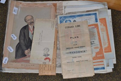Lot 261 - A collection of ephemera, share certificates, three WWII medals, collection of 3d coins etc
