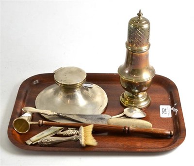Lot 262 - Silverware including sugar caster, capstan inkwell and candle snuffer