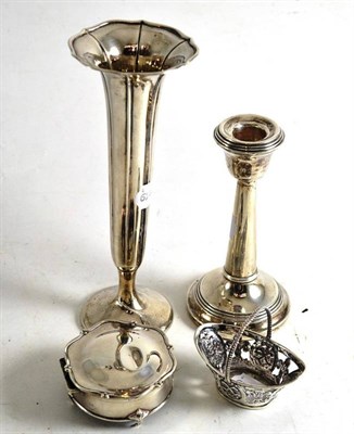 Lot 275 - Silver vase, candlestick, basket salt and ring box