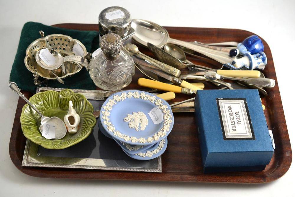 Lot 330 - Silver photo frame, bonbon dish, caddy spoon, silver mounted scent bottle, silver small box,...