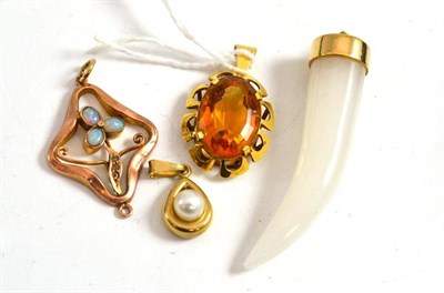 Lot 25 - A citrine pendant, stamped '18K', an opal pendant, a cultured pearl pendant and a quartz...