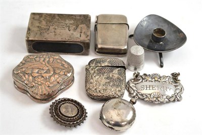 Lot 32 - Two silver vesta cases, sovereign holder, decanter label, Danish candle stand etc