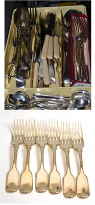 Lot 34 - Six silver table forks, a quantity of silver salt spoons and assorted plated cutlery
