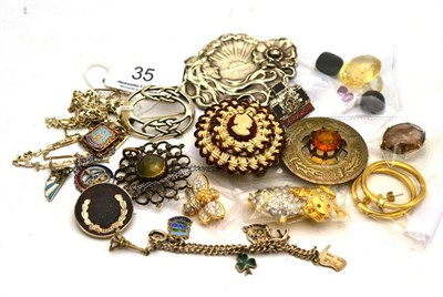 Lot 35 - Loose gemstones, Irish charm bracelet, assorted brooches, DKNY earrings, a box link, a Celtic style