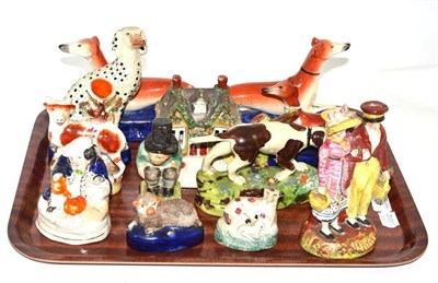 Lot 40 - Tray of Staffordshire figures including three greyhounds
