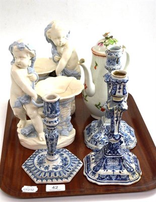 Lot 42 - Three Delft candlesticks, pair of Minton figural vases (a.f.) and an 18th century floral...