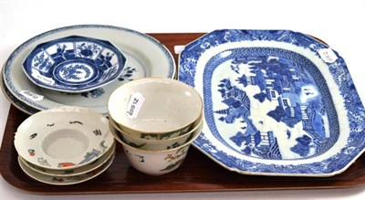 Lot 51 - Pair of 18th century blue and white plates, a moat dish and assorted Chinese bowls on saucers