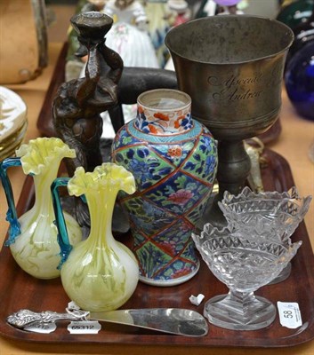 Lot 58 - Tray including a pair of salts, 18th century pewter goblet dated 1772, metal candle holder in...