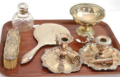 Lot 64 - Tray including a pair of chambersticks, silver topped scent bottle, silver hand mirror etc