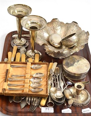 Lot 71 - Tray including assorted cutlery, pair of silver plated vases, silver snuff box, silver toilet...