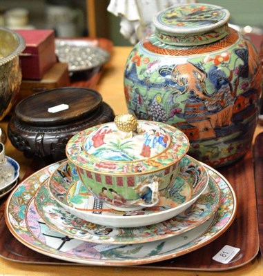Lot 81 - A Cantonese bowl and cover, similar saucer dish, two Oriental plates, a ginger jar and cover, and a
