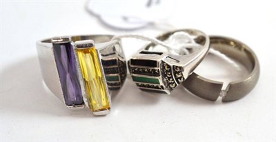 Lot 88 - Three dress rings including one by Ari D Norman set with marcasite, a silver gemstone ring and...