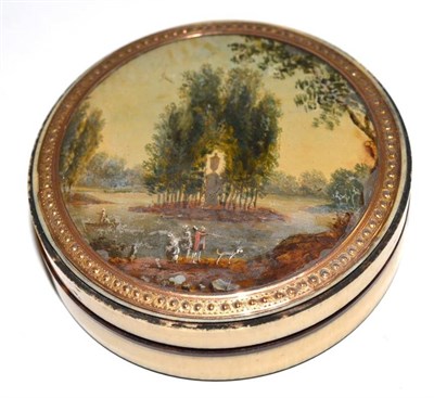 Lot 91 - An 19th century ivory circular box, the lid decorated with a landscape