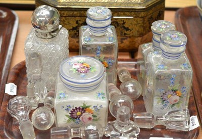 Lot 110 - A hobnail cut glass scent bottle and stopper with silver hinged cover, a set of four flower painted