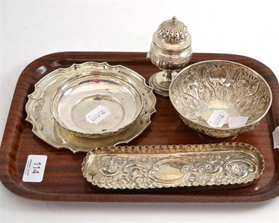 Lot 114 - A collection of silver including a small waiter, a dish, a Continental pepperette and a pen tray