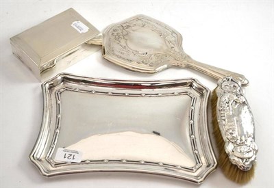 Lot 121 - Small silver dressing table tray, hand mirror, brush and an engine turned cigarette box