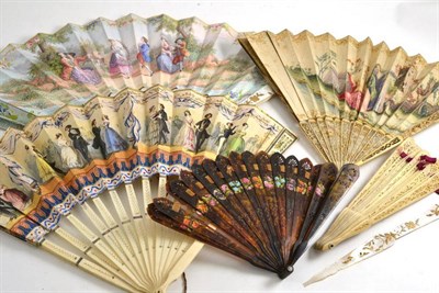 Lot 123 - Five assorted fans including a bone example with twenty-one blades and an ivory example...