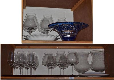 Lot 125 - A crystal blue tinted bowl, a set of wine glasses, pair of glass vases, two flower decorated...