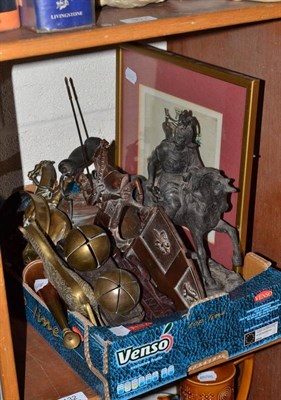 Lot 132 - A box of collectable metalwares including a spelter figure, brass flatback horse, jousting...