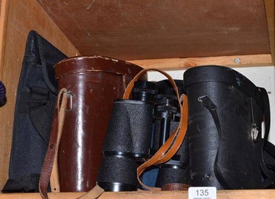 Lot 135 - Olympus OMI and OMBO cameras, two others and three pairs of binoculars