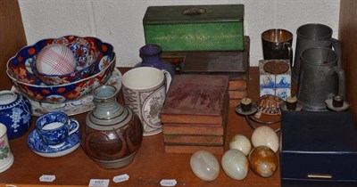 Lot 157 - Boxed Caithness Lobster paperweight, military printing blocks, Japanese Imari bowls, studio...