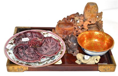 Lot 175 - Tray and soapstone figures, and a blue and gilt decorated bowl