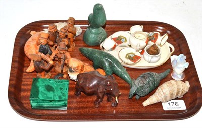 Lot 176 - Small Sabino dog, assorted miniatures and hardstone animals, malachite box etc