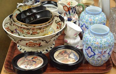 Lot 184 - Two trays including blue glass vases, Shelley cream and sugar, Doulton figure, modern pot lids, two