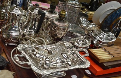 Lot 190 - A quantity of silver plate including tea service, cut glass oval jar with lid, pepperettes,...