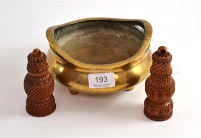 Lot 193 - Chinese twin handled bronze censer and two carved coquille nut pepperette shaped containers...