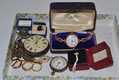 Lot 217 - A lady's 9ct gold wristwatch, 18ct gold ring and a 9ct gold ring, silver pocket watch, fob...