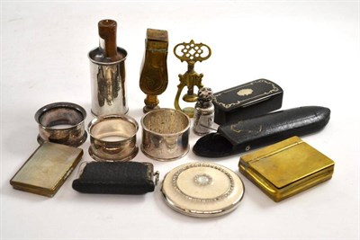 Lot 230 - Tortoise shell snuff box, napkin rings, a sovereign holder and a silver scent bottle