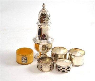 Lot 235 - A modern silver caster and silver napkin rings