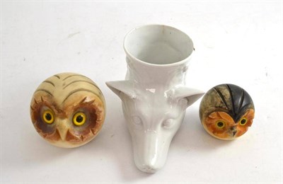 Lot 242 - Fox head stirrup cup and two owl desk paperweights