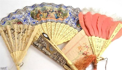 Lot 247 - A late 19th century bone brisee Fan with carved and pierced decoration, pink silk leaf shaped...