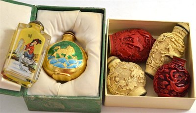 Lot 250 - Two cinnabar lacquer style snuff bottles and stoppers, two others, scent bottle with internal...