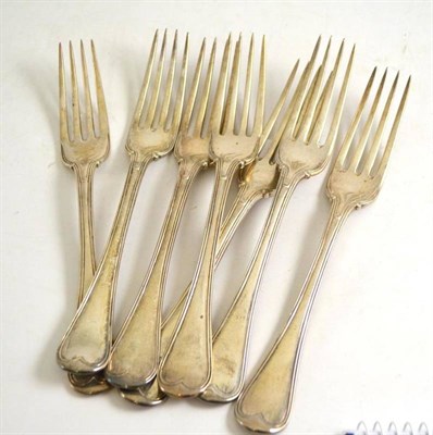 Lot 270 - Seven assorted thread pattern table forks, each engraved with a hog beneath a tree