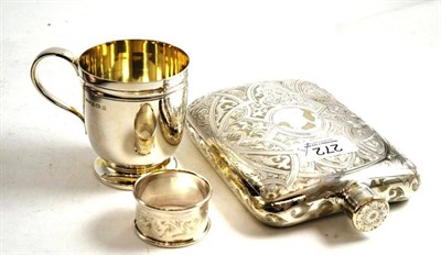 Lot 272 - A Victorian silver plated hip flask, a silver mug engraved JEM also a napkin ring engraved JEM