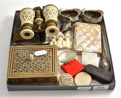 Lot 299 - A pair of ivory opera glasses, mother-of-pearl card case, pair of silver salts, seals, etc