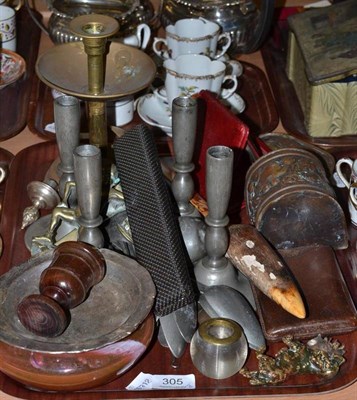 Lot 305 - A tray including pewter spoons, glass marbles, a travel clock, ivory page turner, Victorian...