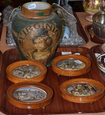 Lot 317 - Four framed Pratt pot lids and a stoneware Virginia tobacco advertising jar