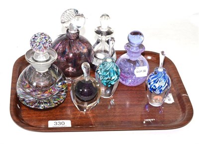 Lot 330 - Large CG Glass scent bottle and stopper with multi coloured base and top, 14cm by 9cm; modern...