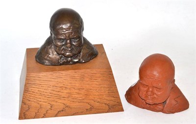 Lot 334 - A bronze bust of Churchill on an oak base and the terracotta maquette, signed E Townsend (2)