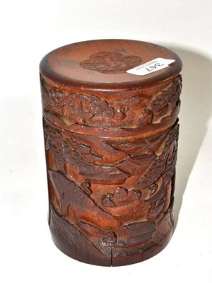 Lot 347 - A Cantonese carved bamboo tobacco jar with hinged cover, carved in high relief with figures in...