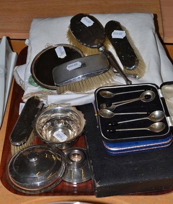 Lot 353 - Four silver backed brushes, mirror, two dishes, a candlestick, powder bowl, coffee spoons, fish...