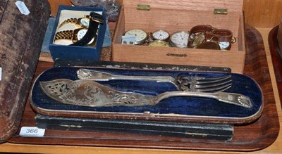 Lot 366 - A quantity of watches, a silver vinaigrette and a pair of fish servers